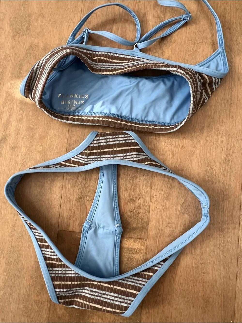 Frankie's Bikinis Brown Stripe Bikini with Light Blue Trim